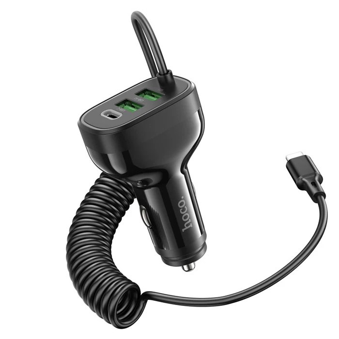 HOCO NZ11A 30W 2 USB+ Type-C Girişli iPhone Kablolu Araç Çakmaklık Şarj Aleti-(5775) - Siyah
