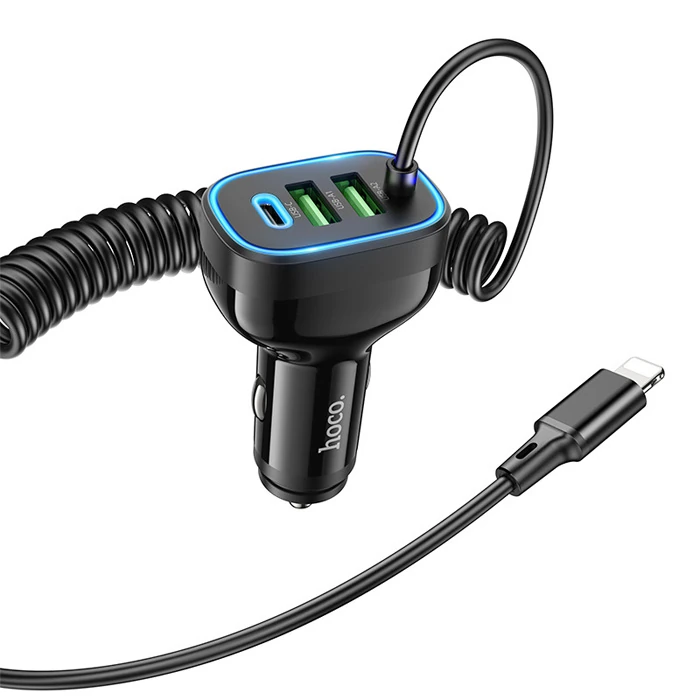 HOCO NZ11A 30W 2 USB+ Type-C Girişli iPhone Kablolu Araç Çakmaklık Şarj Aleti-(5775) - Siyah