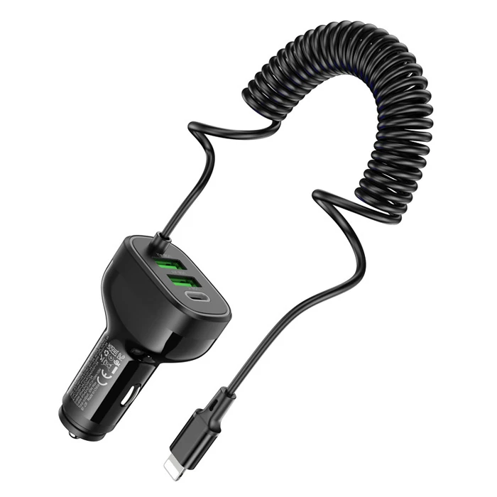 HOCO NZ11A 30W 2 USB+ Type-C Girişli iPhone Kablolu Araç Çakmaklık Şarj Aleti-(5775) - Siyah