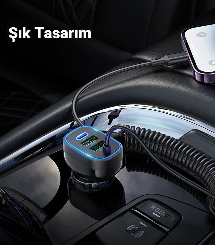 HOCO NZ11A 30W 2 USB+ Type-C Girişli iPhone Kablolu Araç Çakmaklık Şarj Aleti-(5775) - Siyah