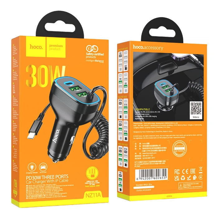 HOCO NZ11A 30W 2 USB+ Type-C Girişli iPhone Kablolu Araç Çakmaklık Şarj Aleti-(5775) - Siyah