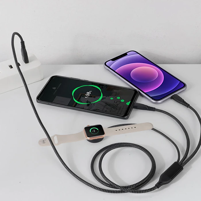 Ally 2x Type-c 100W-27W + Apple Watch İçin Type-c Şarj Kablosu-(5775) - Siyah