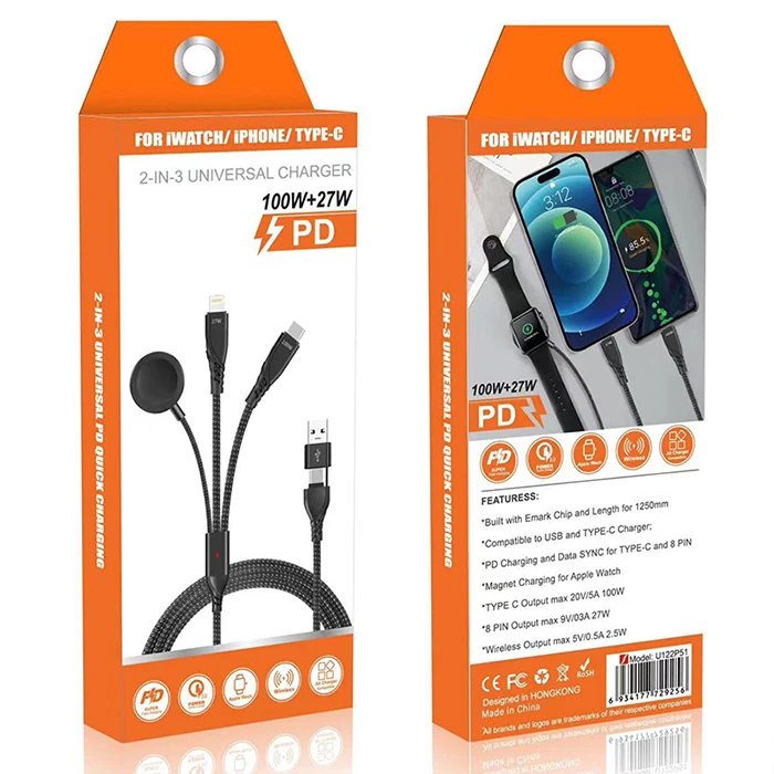 Ally 2x Type-c 100W-27W + Apple Watch İçin Type-c Şarj Kablosu-(5775) - Siyah