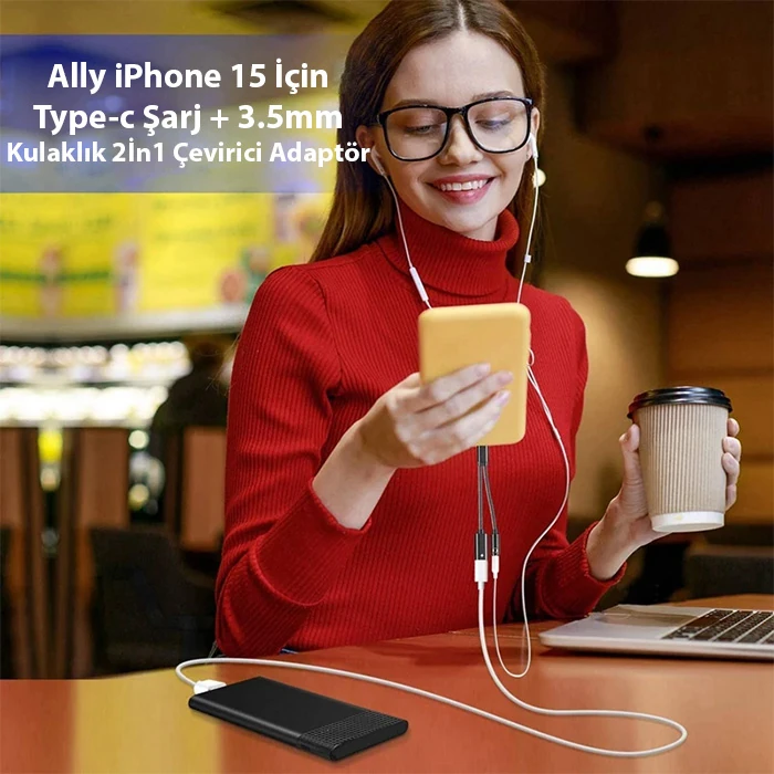 Ally İphone 15 İçin Type-c Şarj + 3.5mm kulaklık 2İn1 Çevirici Adaptör-(5775) - Siyah