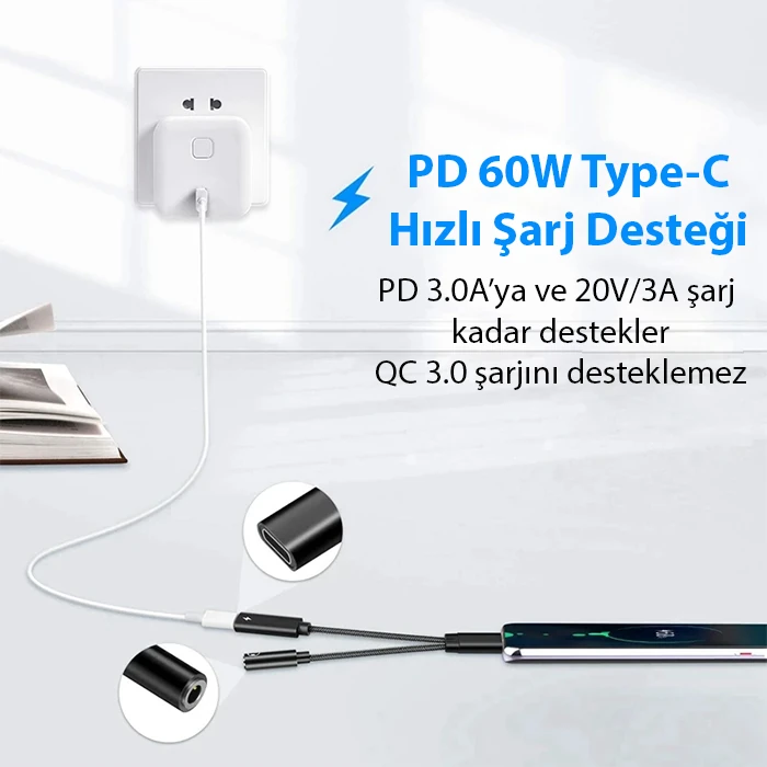 Ally İphone 15 İçin Type-c Şarj + 3.5mm kulaklık 2İn1 Çevirici Adaptör-(5775) - Siyah