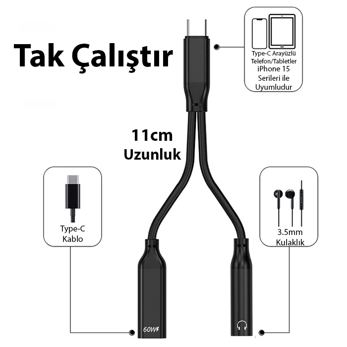 Ally İphone 15 İçin Type-c Şarj + 3.5mm kulaklık 2İn1 Çevirici Adaptör-(5775) - Siyah
