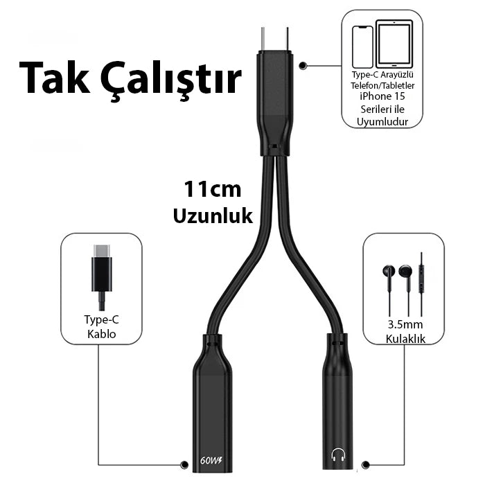 Ally İphone 15 İçin Type-c Şarj + 3.5mm kulaklık 2İn1 Çevirici Adaptör-(5775) - Siyah
