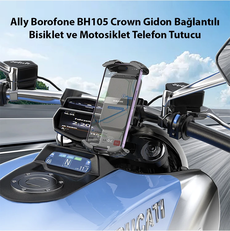 Ally Borofone BH105 Crown Gidon Bağlantılı Bisiklet ve Motosiklet Telefon Tutucu-(5775) - Siyah