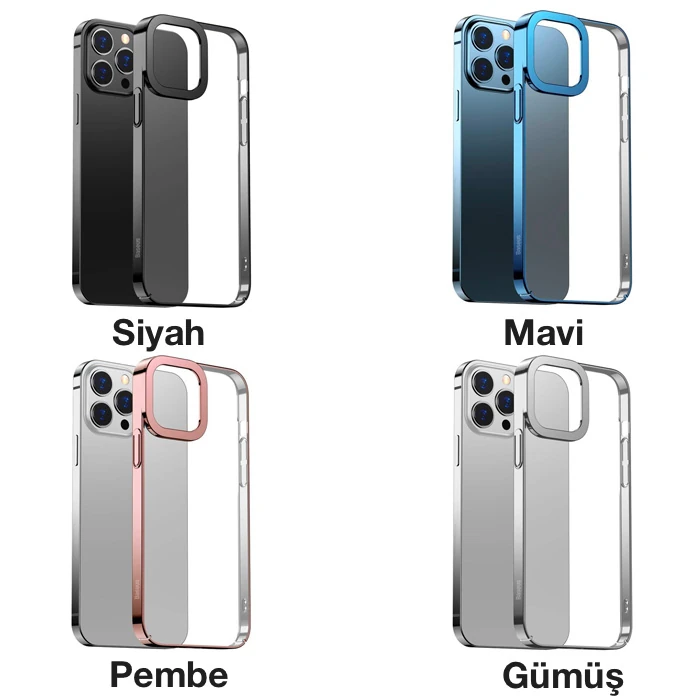 Baseus Glitter iPhone 13 Pro Max 6.7inç Kılıf Renkli Kenar Şeffaf Silikon-(5775) - Pembe