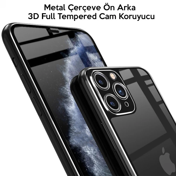 İPhone 11 Pro Metal Çerçeve Ön Arka 3D Full Tempered Cam Koruyucu-(5775) - Rose Gold
