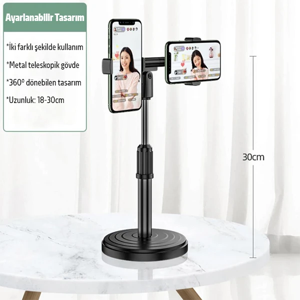 ALLY Masaüstü Youtube Tiktok Canlı Yayın Çift Telefon Tutucu Stand-(5775) - Siyah