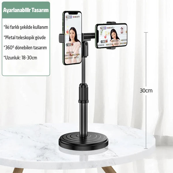 ALLY Masaüstü Youtube Tiktok Canlı Yayın Çift Telefon Tutucu Stand-(5775) - Siyah