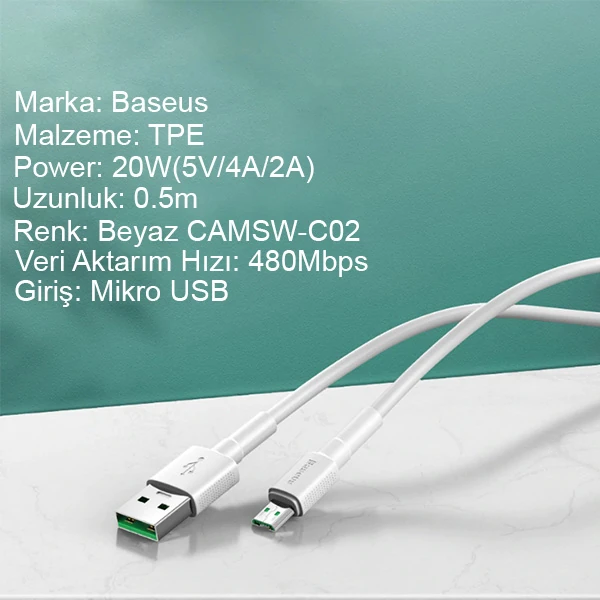 Baseus Mini White Micro USB 4A OPPO VIVO Dash Usb Şarj Kablosu 0.5cm-(5775) - Beyaz