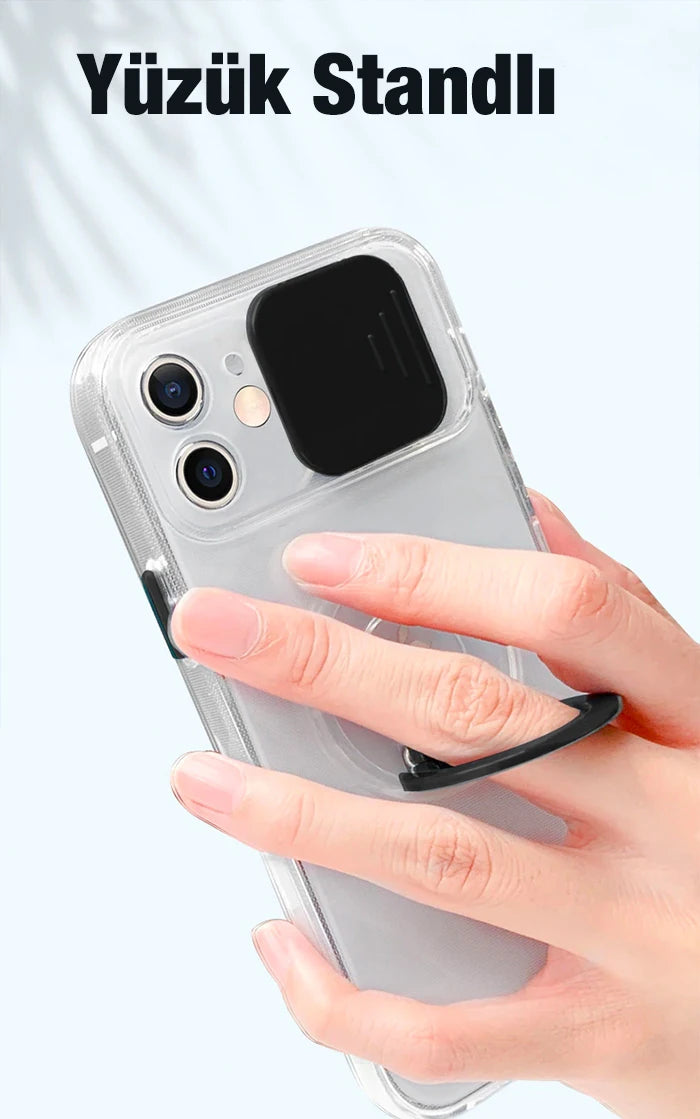 Ally iPhone 13 Pro Max 6.7inç Kılıf Sürgülü Kamera Lens Korumalı Yüzük Standlı Silikon Kılıf-(5775) - Yeşil