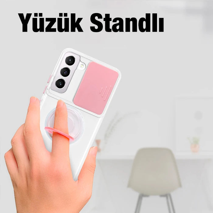 Ally SM Galaxy S22 Plus Kılıf Sürgülü Kamera Lens Korumalı Yüzük Standlı Silikon Kılıf-(5775) - Kırmızı