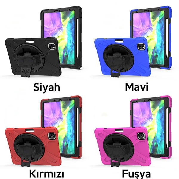 iPad Air 4. Nesil 10.9 Kılıf Shockproof 3 Katmanlı Standlı Zırh Kılıf Kalem Yerli-(5775) - Turuncu