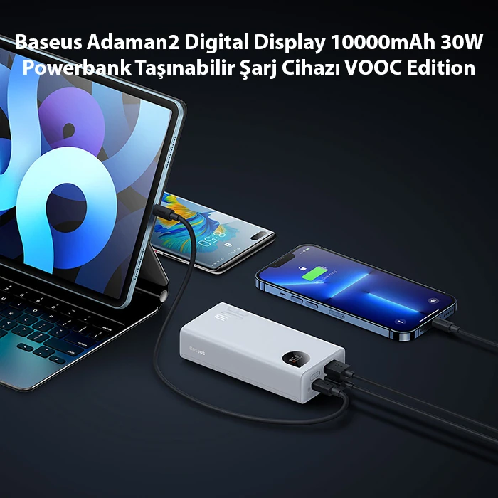 Baseus Adaman2 Digital Display 10000mAh 30W Powerbank Taşınabilir Şarj Cihazı VOOC Edition-(5775) - Beyaz