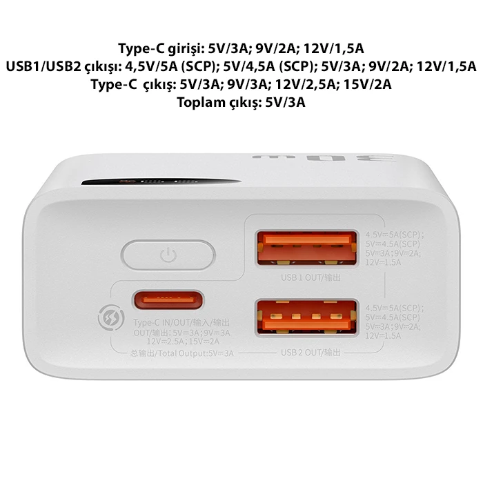 Baseus Adaman2 Digital Display 10000mAh 30W Powerbank Taşınabilir Şarj Cihazı VOOC Edition-(5775) - Beyaz