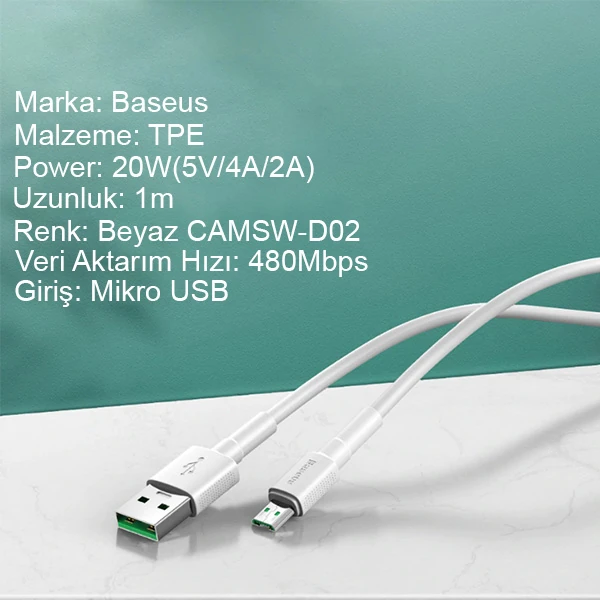 Baseus Mini White Micro USB 4A OPPO VIVO Dash Usb Şarj Kablosu 1Metre-(5775) - Beyaz