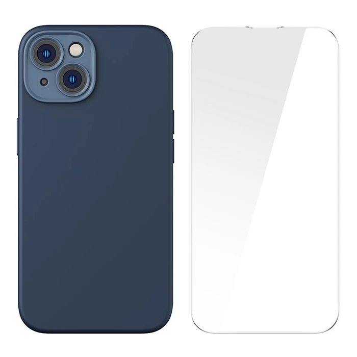 Baseus Liquid Silica Gel iPhone 14 Plus 6.7 Magsafe Silikon Kılıf + Tempered Ekran Koruyucu Set-(5775) - Mavi