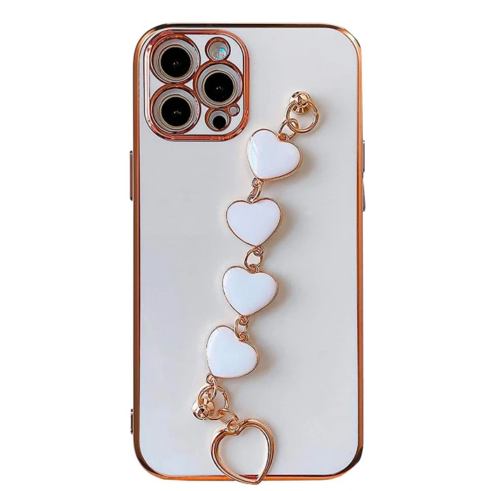 Ally iPhone 11 Pro Max 6.5inç Kılıf Kalp Bileklik Tutuculu Lüx Silikon Askılı Kılıf-(5775) - Beyaz
