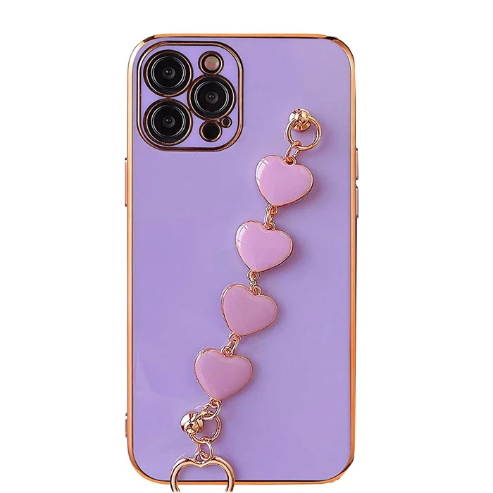 Ally iPhone 11 Pro Max 6.5inç Kılıf Kalp Bileklik Tutuculu Lüx Silikon Askılı Kılıf-(5775) - Pembe
