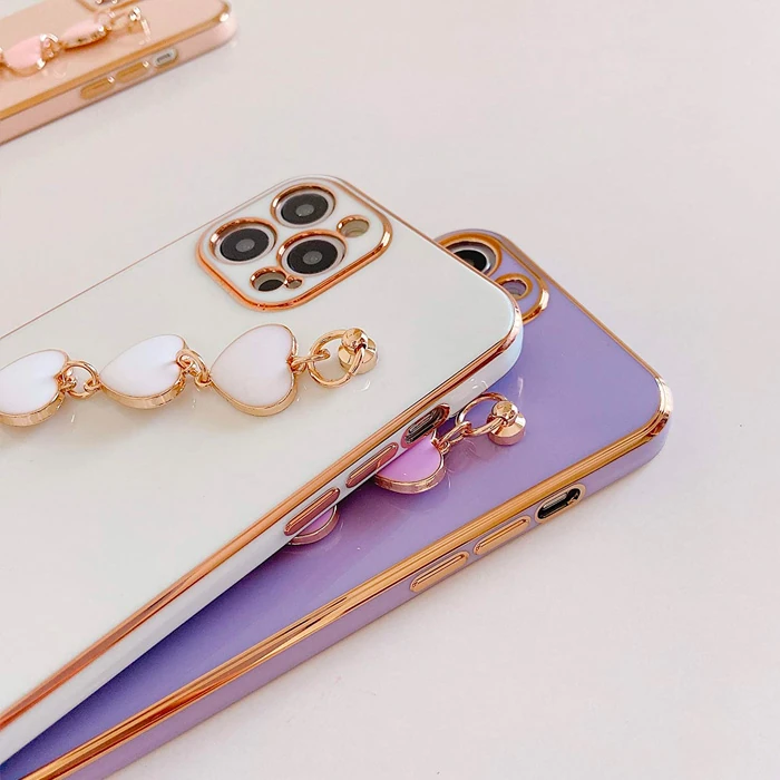 Ally iPhone 11 Pro Max 6.5inç Kılıf Kalp Bileklik Tutuculu Lüx Silikon Askılı Kılıf-(5775) - Pembe