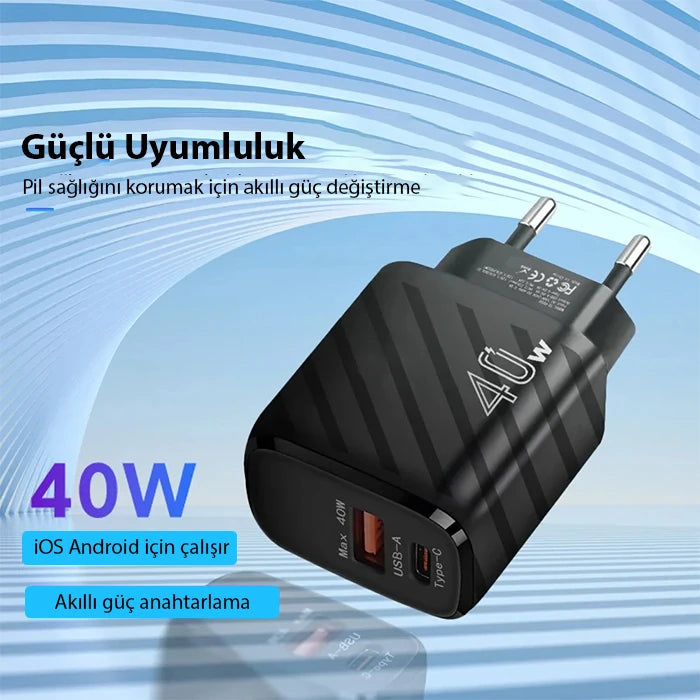 ALLY TE-PD08 40W Type-C + USB QC3.0 PD Hızlı Şarj Adaptörü Şarj Başlığı-(5775) - Beyaz