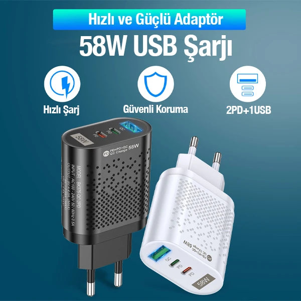 USLİON PD 58W USB + Type-c Hızlı Şarj Başlığı-(5775) - Siyah