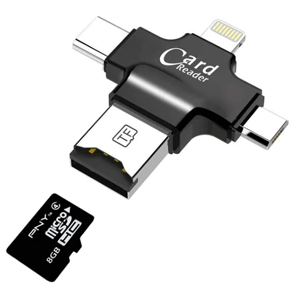 Card Reader 4in1 Type-C- İphone Lightning-Micro Usb Hafıza Kart Okuyucu-(5775) - Siyah