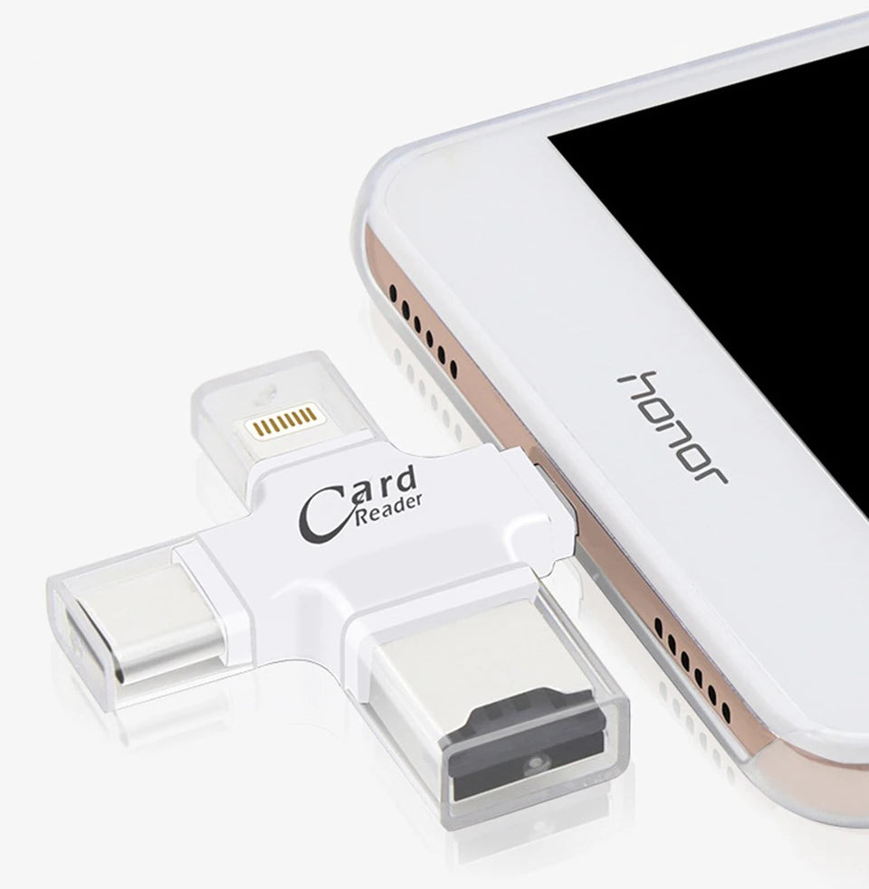 Card Reader 4in1 Type-C- İphone Lightning-Micro Usb Hafıza Kart Okuyucu-(5775) - Siyah
