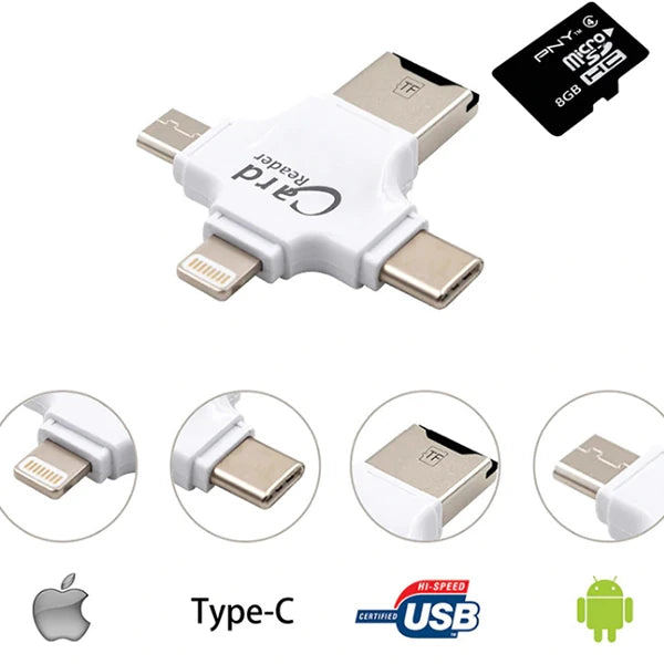 Card Reader 4in1 Type-C- İphone Lightning-Micro Usb Hafıza Kart Okuyucu-(5775) - Siyah