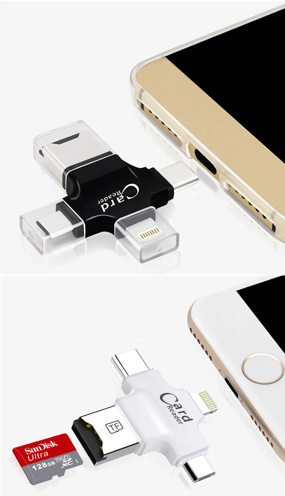Card Reader 4in1 Type-C- İphone Lightning-Micro Usb Hafıza Kart Okuyucu-(5775) - Siyah