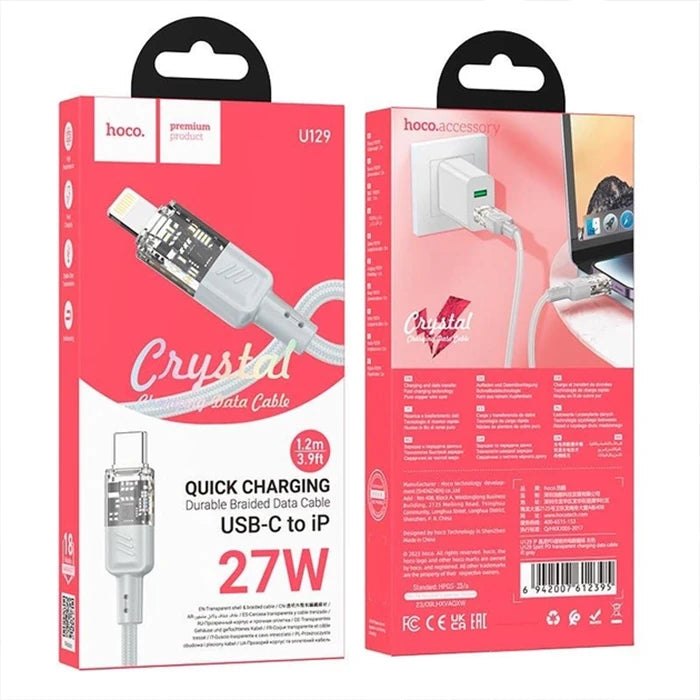 Hoco U129 Transparan Type-C to Lightning  Data ve Şarj Kablosu 1m-(5775) - Gri