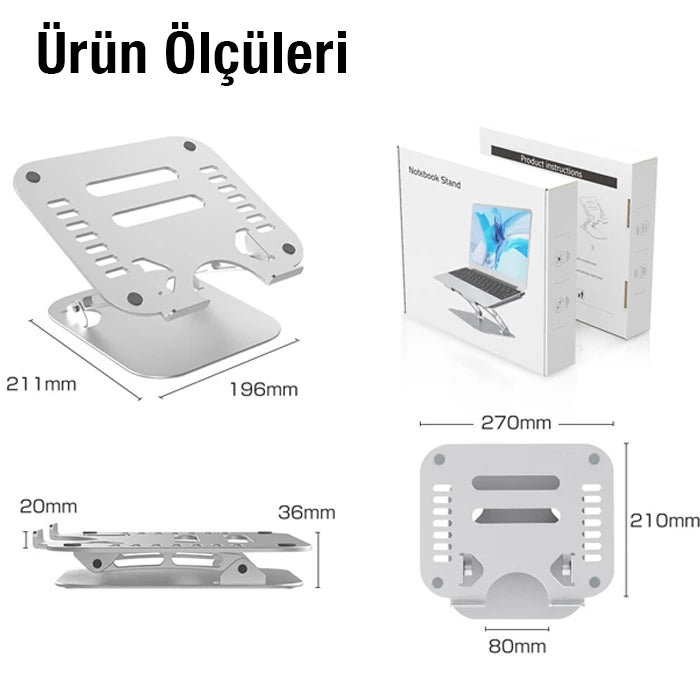 Ally  T602 Ayarlanabilir Katlanır Isı Havalandırmalı Alüminyum Laptop Standı-(5775) - Gümüş