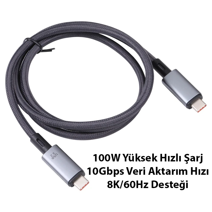 Ally USB 3.2 100W Type-C to Type-C 8K Görüntü-Data ve Ultra Hızlı Şarj Kablosu 1 Metre-(5775) - Siyah