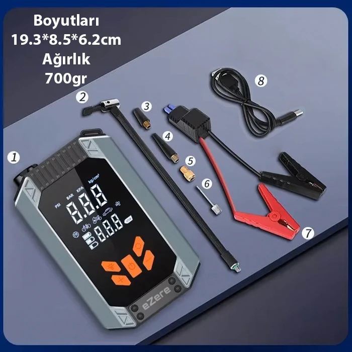 EZERE ST-9632D Taşınabilir Araç Lastik Şişirme Ve Starter Akü Takviye Seti-(5775) - Siyah