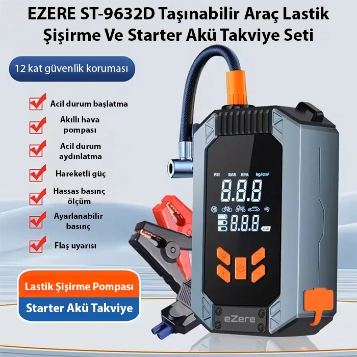 EZERE ST-9632D Taşınabilir Araç Lastik Şişirme Ve Starter Akü Takviye Seti-(5775) - Siyah