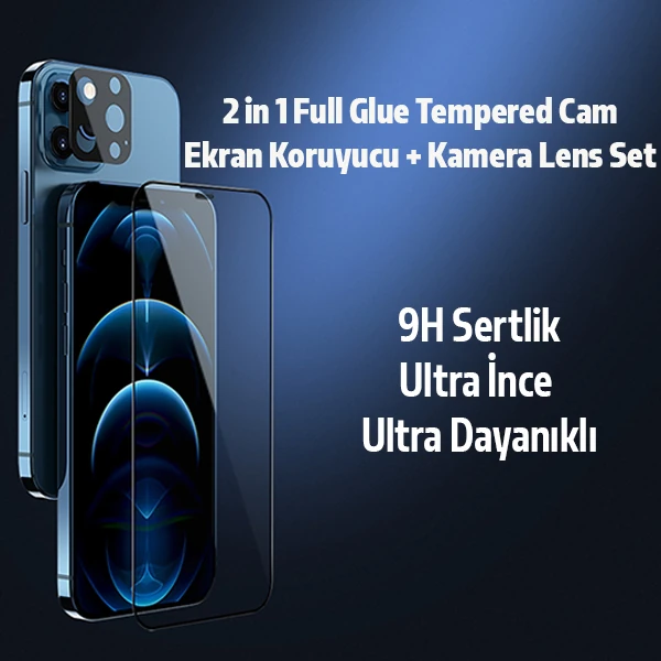 İPhone 12 Pro Max 2İN1 Full Glue Tempered Cam Ekran Koruyucu +Kamera Lens Set-(5775) - Siyah