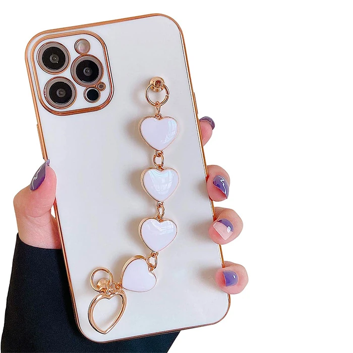 Ally iPhone 13 Pro Max 6.7inç Kılıf Kalp Bileklik Tutuculu Lüx Silikon Askılı Kılıf-(5775) - Pembe