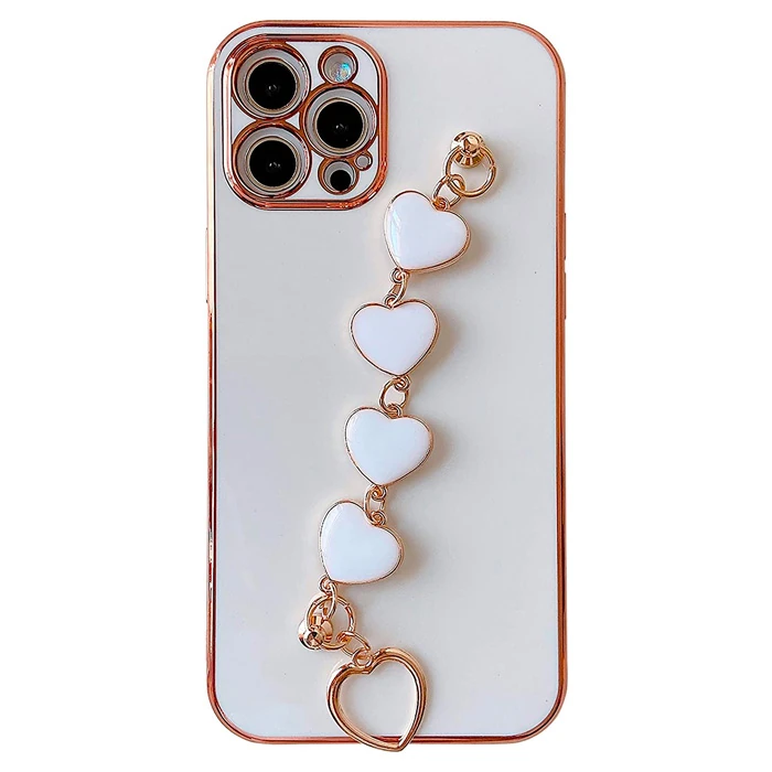 Ally iPhone 13 Pro Max 6.7inç Kılıf Kalp Bileklik Tutuculu Lüx Silikon Askılı Kılıf-(5775) - Pembe