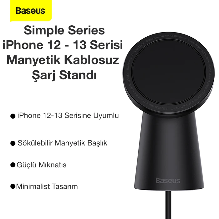 Baseus Simple iPhone 15-14 -13-12 Serisi Manyetik Kablosuz Şarj Standı-(5775) - Siyah