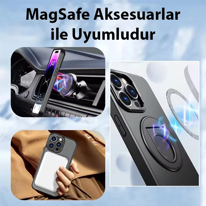 ALLY iPhone 15 Pro Max İçin Magsafe Uyumlu Yüzük Standlı Manyetik Silikon Kılıf-(5775) - Siyah