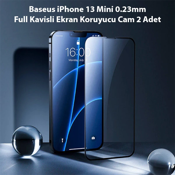 Baseus iPhone 13 Mini 0.23mm Full Kavisli Ekran Koruyucu Cam 2 Adet-(5775) - Siyah