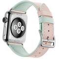 Ally Apple Watch Ultra 49mm 7-8 45mm 6-5-4 44mm Hakiki Deri Kayış Kordon 3-2-1 42mm-(5775) - Üstü Pembe & Altı Yeşil