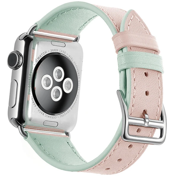 Ally Apple Watch Ultra 49mm 7-8 45mm 6-5-4 44mm Hakiki Deri Kayış Kordon 3-2-1 42mm-(5775) - Üstü Pembe & Altı Yeşil