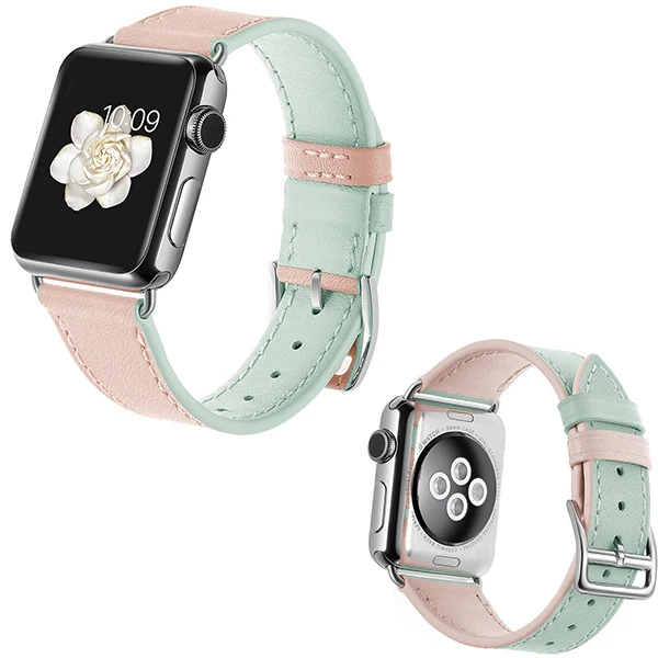 Ally Apple Watch Ultra 49mm 7-8 45mm 6-5-4 44mm Hakiki Deri Kayış Kordon 3-2-1 42mm-(5775) - Üstü Pembe & Altı Yeşil