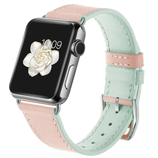 Ally Apple Watch Ultra 49mm 7-8 45mm 6-5-4 44mm Hakiki Deri Kayış Kordon 3-2-1 42mm-(5775) - Üstü Pembe & Altı Yeşil