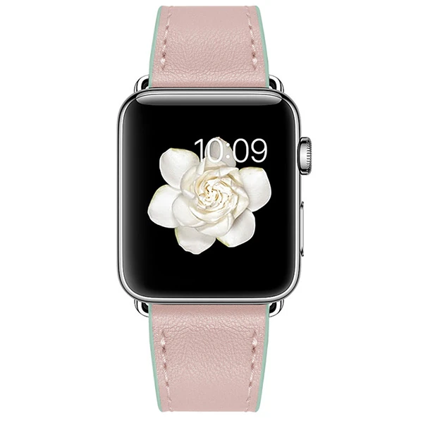 Ally Apple Watch Ultra 49mm 7-8 45mm 6-5-4 44mm Hakiki Deri Kayış Kordon 3-2-1 42mm-(5775) - Üstü Pembe & Altı Yeşil
