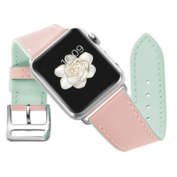 Ally Apple Watch Ultra 49mm 7-8 45mm 6-5-4 44mm Hakiki Deri Kayış Kordon 3-2-1 42mm-(5775) - Üstü Pembe & Altı Yeşil
